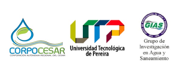 Logotipos de Corpocesar (Corporación Autónoma Regional del Cesar), de la Universidad Tecnológica de Pereira (UTP) y del GIAS, Grupo de Investigación en Agua y Saneamiento.