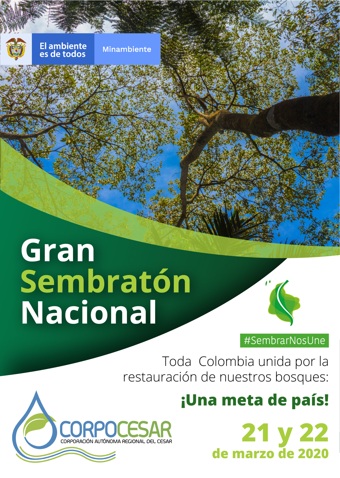 Afiche «Gran Sembratón Nacional #SembrarNosUne: toda Colombia unida por la restauración de nuestros bosques, ¡una meta de país!», 21 y 22 de marzo de 2020, con los logos del Ministerio de Ambiente y de Corpocesar