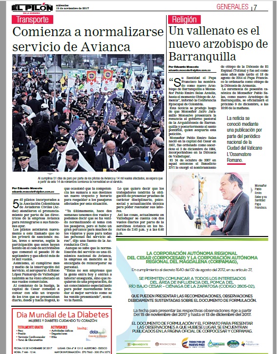 Página 7 del periódico El Pilón, de noviembre de 2017, con el aviso de CORPOCESAR y CORPAMAG sobre el POMCA del río Bajo Cesar – Ciénaga de la Zapatosa en la parte inferior derecha (mismo texto transcrito arriba).