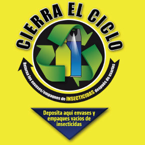 Logotipo «Cierra el ciclo», sobre fondo amarillo: «Retorna los envases/empaques de insecticidas después de usarlos. Deposita aquí envases y empaques vacíos de insecticidas».