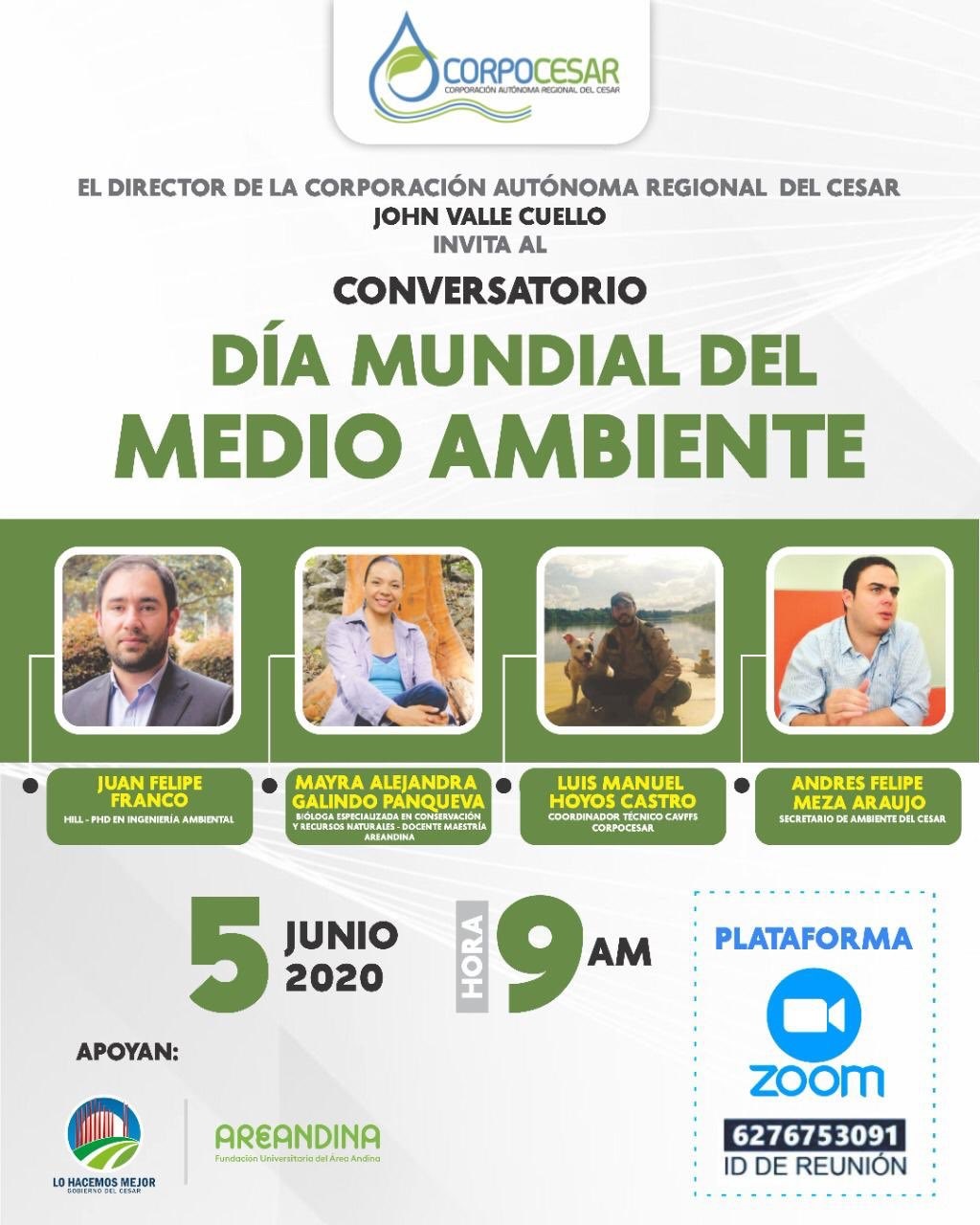 Invitación al conversatorio «Día Mundial del Medio Ambiente» del 5 de junio de 2020 a las 9 a.m. por Zoom, con el director de Corpocesar John Valle Cuello y cuatro conferencistas