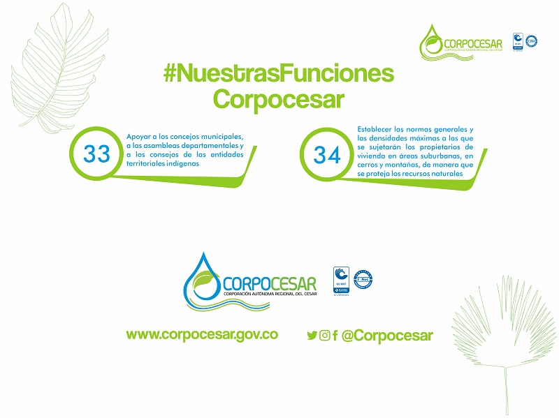 Infografía «#NuestrasFunciones Corpocesar» con las funciones 33 y 34, el logo de Corpocesar, www.corpocesar.gov.co y @Corpocesar; el texto de todas las funciones está en la lista de esta página.