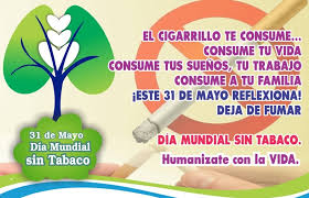 Cartel del Día Mundial sin Tabaco, 31 de mayo: un pulmón en forma de árbol y un cigarrillo, con un mensaje contra el tabaco; su texto está transcrito debajo.