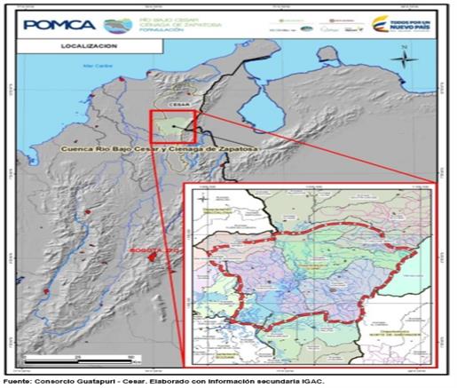 Mapa «POMCA Río Bajo Cesar – Ciénaga de Zapatosa, Formulación. Localización»: mapa del norte de Colombia con la cuenca delimitada en rojo y un recuadro de detalle. Fuente: Consorcio Guatapurí - Cesar. Elaborado con información secundaria IGAC.