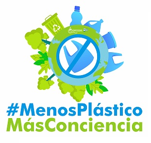 Logo de la campaña «#MenosPlásticoMásConciencia»: un globo terráqueo con una botella de plástico tachada