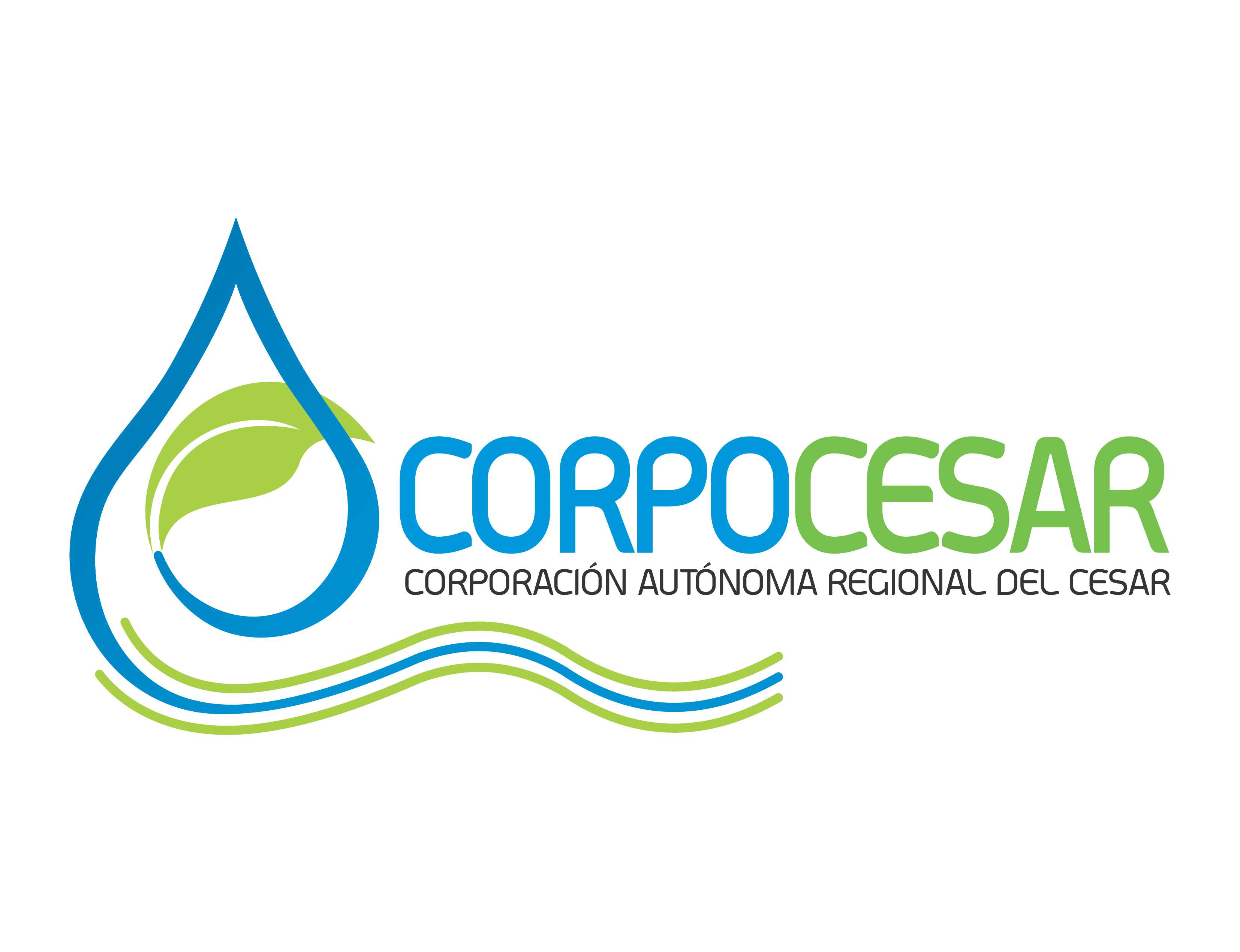 Logotipo de Corpocesar: una gota de agua con una hoja verde y ondas, y el texto «Corpocesar, Corporación Autónoma Regional del Cesar»