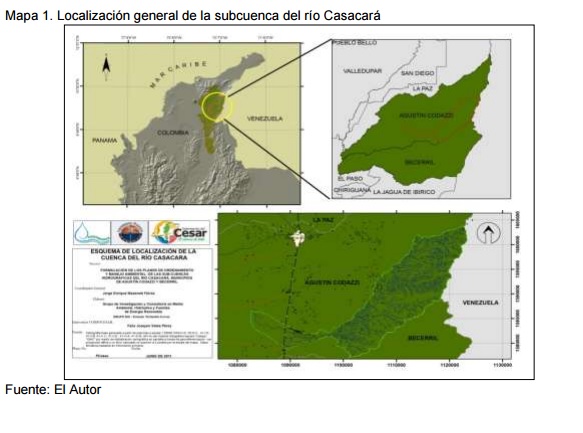 Mapa 1. Localización general de la subcuenca del río Casacará: mapa de Colombia con la ubicación de la subcuenca, detalle de la subcuenca entre los municipios de Agustín Codazzi y Becerril, y esquema de localización de la cuenca. Fuente: El Autor.