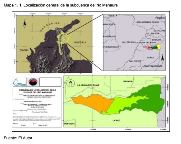 Mapa 1. Localización general de la subcuenca del río Manaure: mapa de Colombia con la ubicación de la subcuenca, detalle entre los municipios de La Paz, Urumita y San Diego, y esquema de localización de la cuenca del río Manaure. Fuente: El Autor.