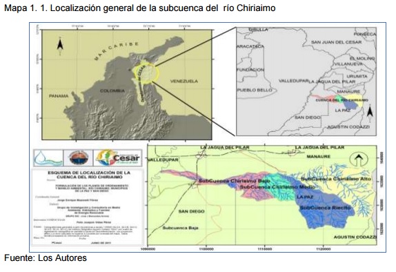 Mapa 1.1. Localización general de la subcuenca del río Chiriaimo: mapa de Colombia con la ubicación de la subcuenca, detalle entre los municipios de La Paz y San Diego (subcuencas Chiriaimo bajo, Chiriaimo alto, Chiriaimo medio y Riecito) y esquema de localización. Fuente: Los Autores.