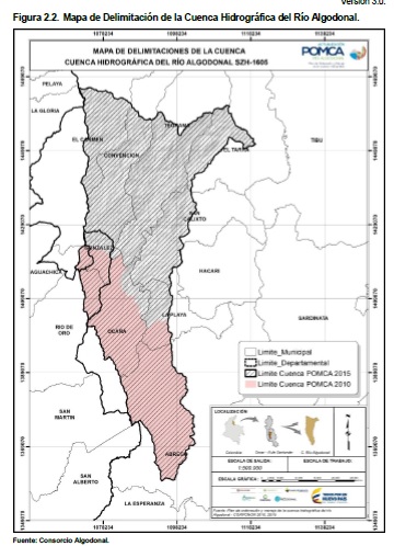 Figura 2.2. Mapa de delimitación de la cuenca hidrográfica del río Algodonal (SZH-1605): límites municipales, departamentales y de la cuenca (POMCA 2015 y 2010). Fuente: Consorcio Algodonal.