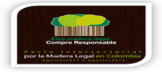 Sello del Pacto Intersectorial por la Madera Legal en Colombia: «Elija madera legal. Compre responsable. Pacto Intersectorial por la Madera Legal en Colombia, agosto de 2011 a agosto de 2015», con un árbol dibujado sobre un código de barras.