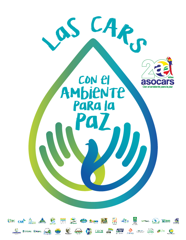 Afiche «Las CARs con el ambiente para la paz», de ASOCARS (20 años, con el ambiente para la paz), con una gota de agua con manos y un ave y los logos de las corporaciones autónomas regionales.