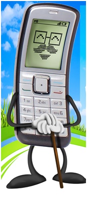 Posconsumo Celulares: dibujo de un teléfono celular con rostro, brazos y piernas, que se apoya en un bastón.