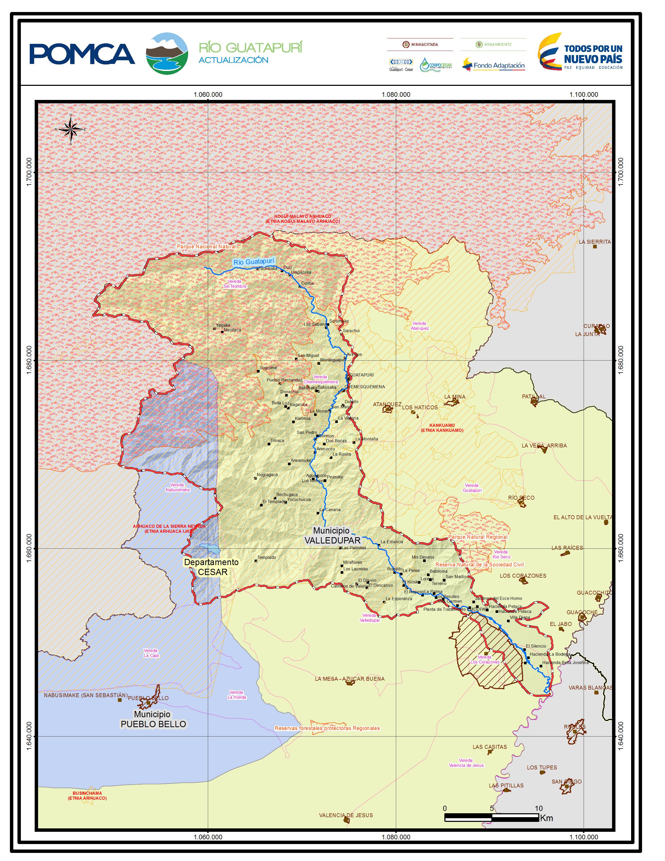 Mapa del POMCA del río Guatapurí (actualización): cuenca delimitada con sus municipios, entre ellos Valledupar y Pueblo Bello, en el departamento del Cesar.