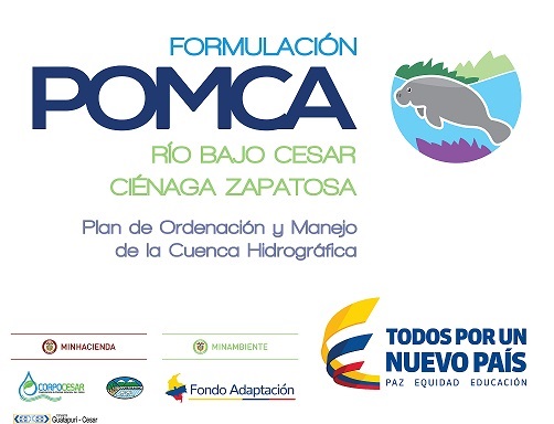 Logotipo «Formulación POMCA Río Bajo Cesar – Ciénaga Zapatosa. Plan de Ordenación y Manejo de la Cuenca Hidrográfica», con un manatí y los logotipos de MinHacienda, MinAmbiente, Fondo Adaptación, CORPOCESAR, Corpamag, Consorcio Guatapurí-Cesar y «Todos por un nuevo país».