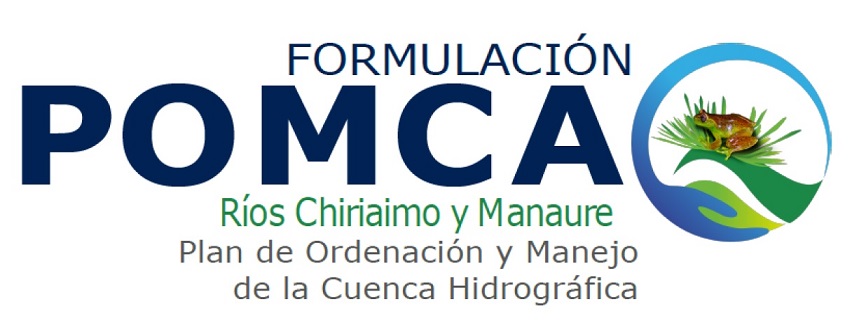Logotipo «Formulación POMCA Ríos Chiriaimo y Manaure. Plan de Ordenación y Manejo de la Cuenca Hidrográfica», con una rana sobre una hoja.