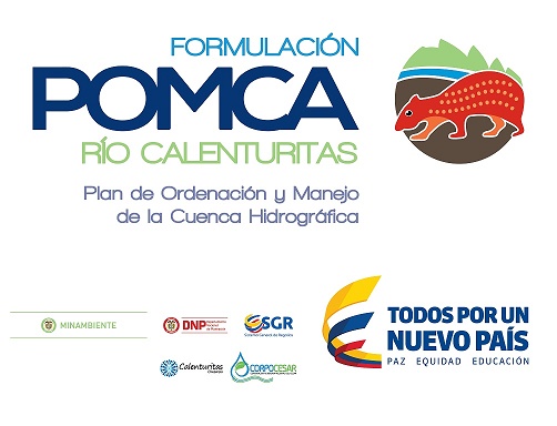 Logotipo «Formulación POMCA Río Calenturitas. Plan de Ordenación y Manejo de la Cuenca Hidrográfica», con un oso hormiguero y los logotipos del Ministerio de Ambiente, DNP, Sistema General de Regalías, Colenturitas, CORPOCESAR y «Todos por un nuevo país».