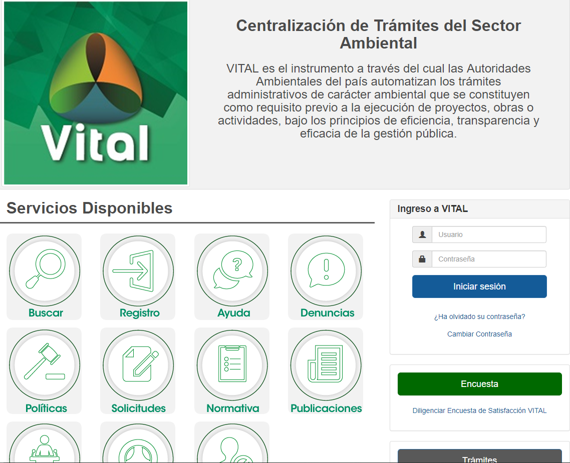 Pantalla de inicio de VITAL: logotipo de VITAL, descripción del sistema, servicios disponibles, ingreso con usuario y contraseña y encuesta de satisfacción. El texto de la imagen se transcribe debajo.